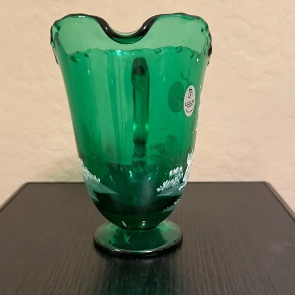 Fenton Green Glass Pitcher with Whimsical White Design - Picture 6 of 10